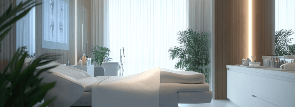 Ambiente moderno em clínica utilizando tecnologia corporal para tratamentos estéticos.