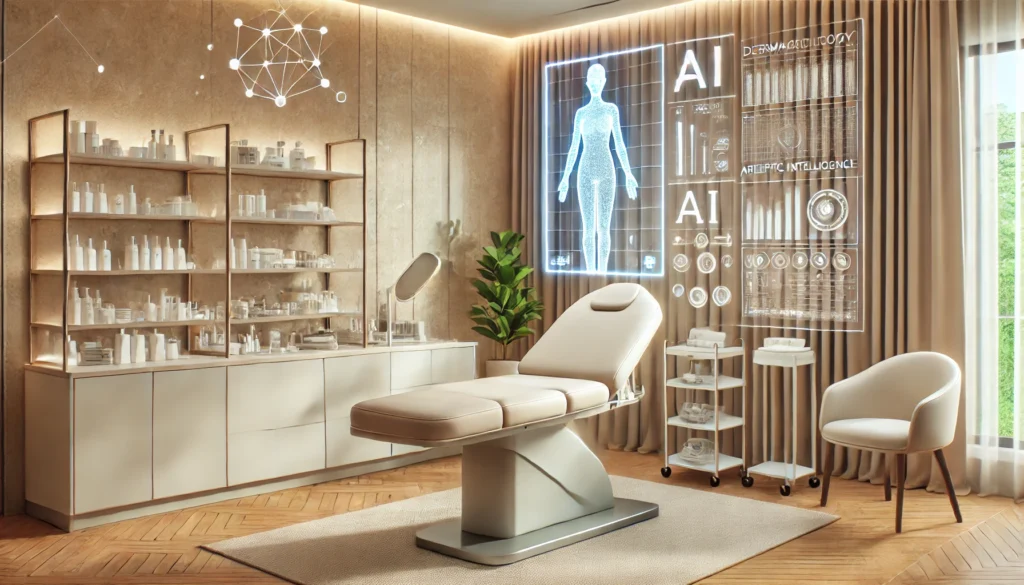 Clínica dermatológica moderna equipada com tecnologias de inteligência artificial e design sofisticado, destacando inovações em dermatologia para 2025.