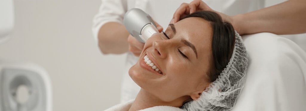 Paciente sorrindo durante tratamento com tecnologia pro-aging para um envelhecimento saudável e rejuvenescimento natural.