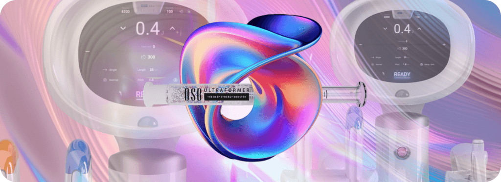 Imagem do Hidrogel DSB exclusivo para Ultraformer MPT, com fundo colorido e equipamento dermatológico de ultrassom.