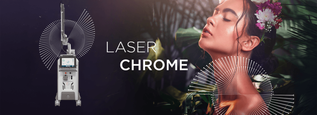 Imagem do equipamento Laser Chrome ao lado de uma mulher com pele radiante, destacando sua eficiência em tratamentos dermatológicos.