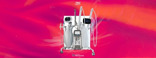 Imagem de um equipamento de tecnologia dermatológica inovador, ideal para clínicas de estética, sobre um fundo vibrante.