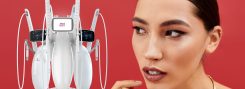 Equipamento Volnewmer em destaque ao lado de rosto feminino, representando tecnologia de radiofrequência para estética avançada.