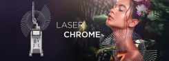 Imagem do equipamento Laser Chrome ao lado de uma mulher com pele radiante, destacando sua eficiência em tratamentos dermatológicos.