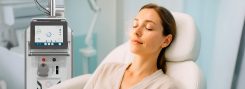 Paciente em tratamento com laser para inflamação de pele utilizando o equipamento Chrome em clínica dermatológica moderna.