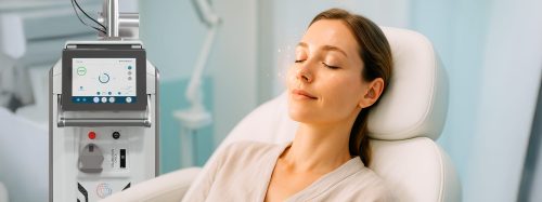 Paciente em tratamento com laser para inflamação de pele utilizando o equipamento Chrome em clínica dermatológica moderna.