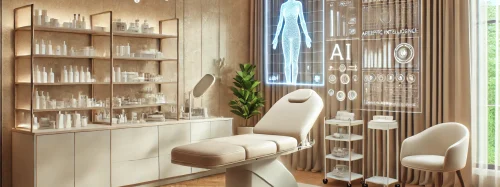 Clínica dermatológica moderna equipada com tecnologias de inteligência artificial e design sofisticado, destacando inovações em dermatologia para 2025.